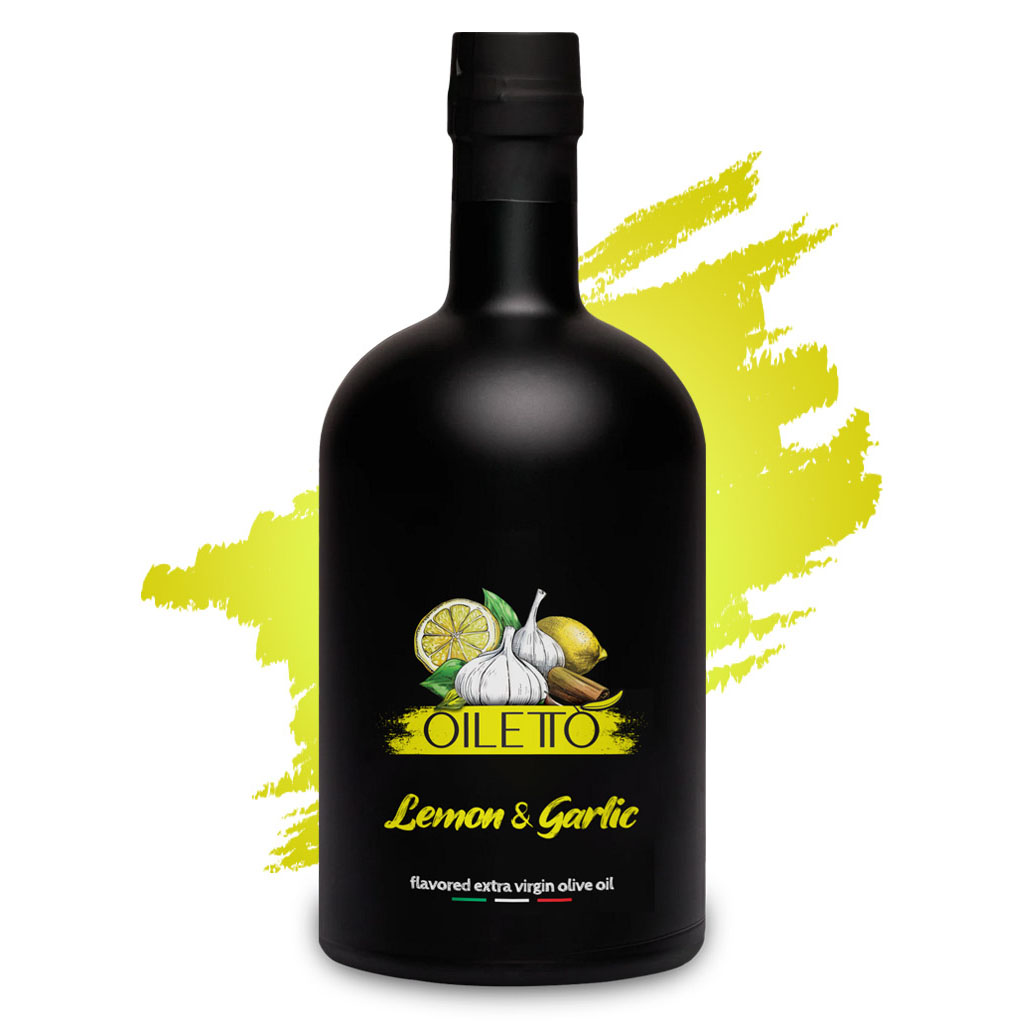 products_lemon_garlic_olive_oil_215ml_01 روغن زیتون با طعم لیمو و سیر 215 سی سی اویلتو | بطری شیشه ای لوکس مشکی مات