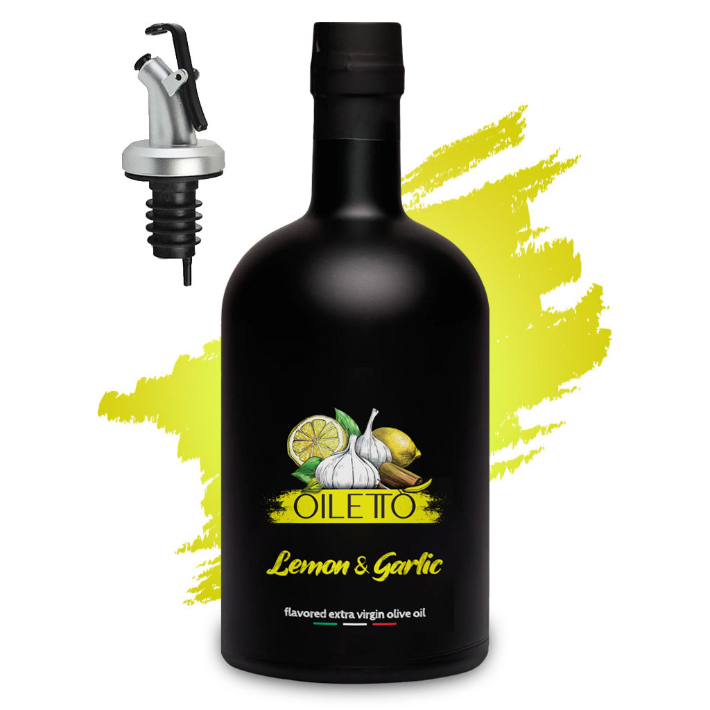 روغن زیتون با طعم لیمو و سیر 215 سی سی اویلتو | بطری شیشه ای لوکس مشکی مات