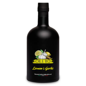 روغن زیتون با طعم لیمو و سیر 215 سی سی اویلتو | بطری شیشه ای لوکس مشکی مات