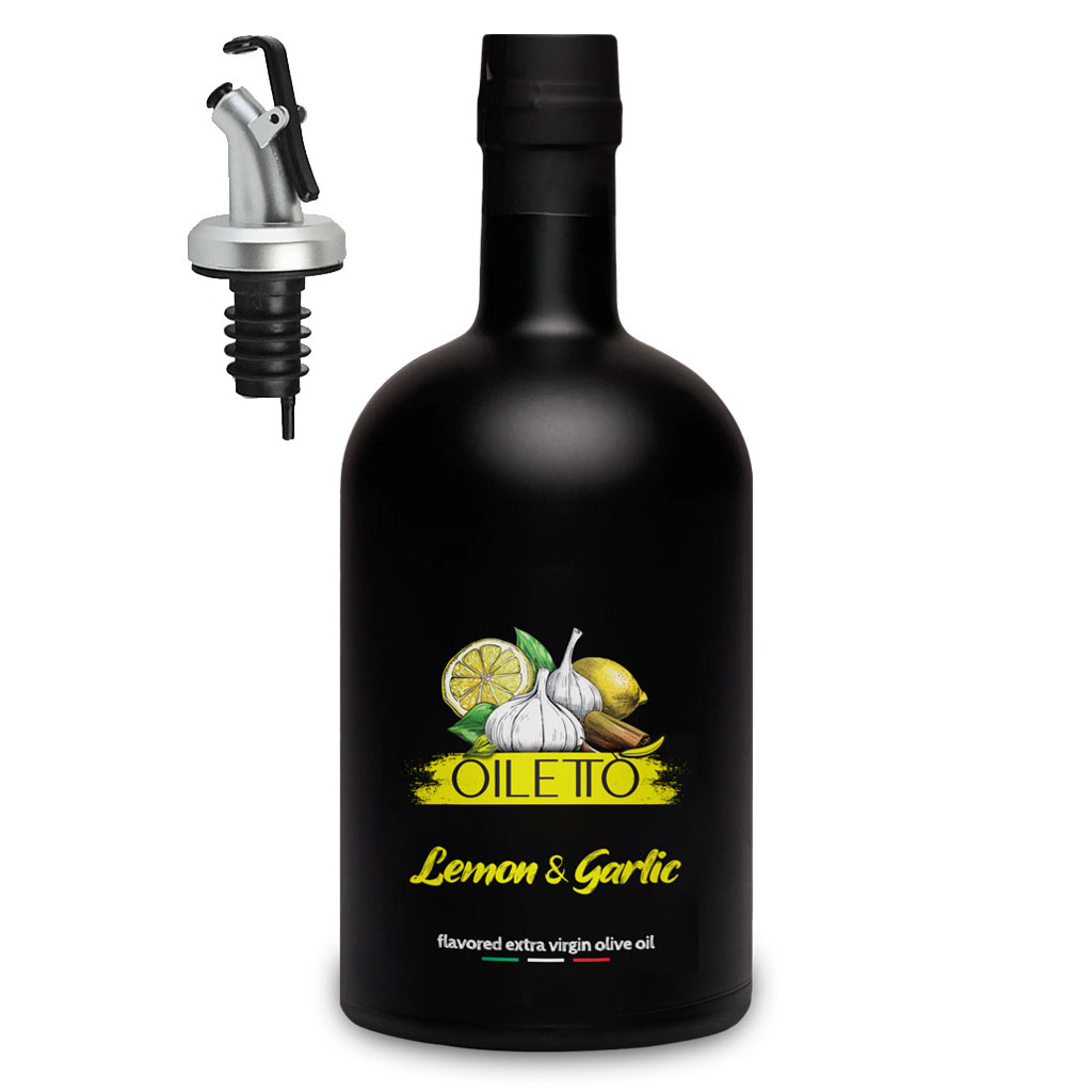 روغن زیتون با طعم لیمو و سیر 215 سی سی اویلتو | بطری شیشه ای لوکس مشکی مات